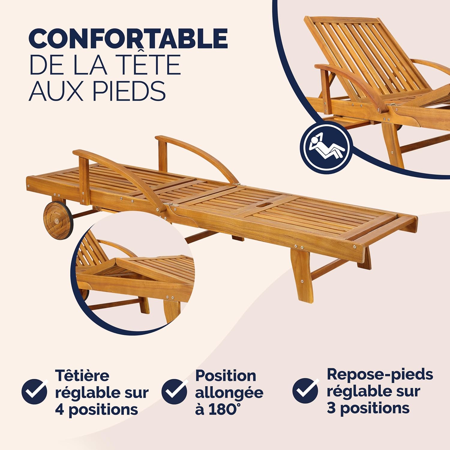 Casaria 2X Chaise Longue Jardin Exterieur Tami Sun en Bois D Acacia Chaise Pliante avec Roues Type Transat Bain De Soleil Chaise Bois pour Salon De Jardin Exterieur
