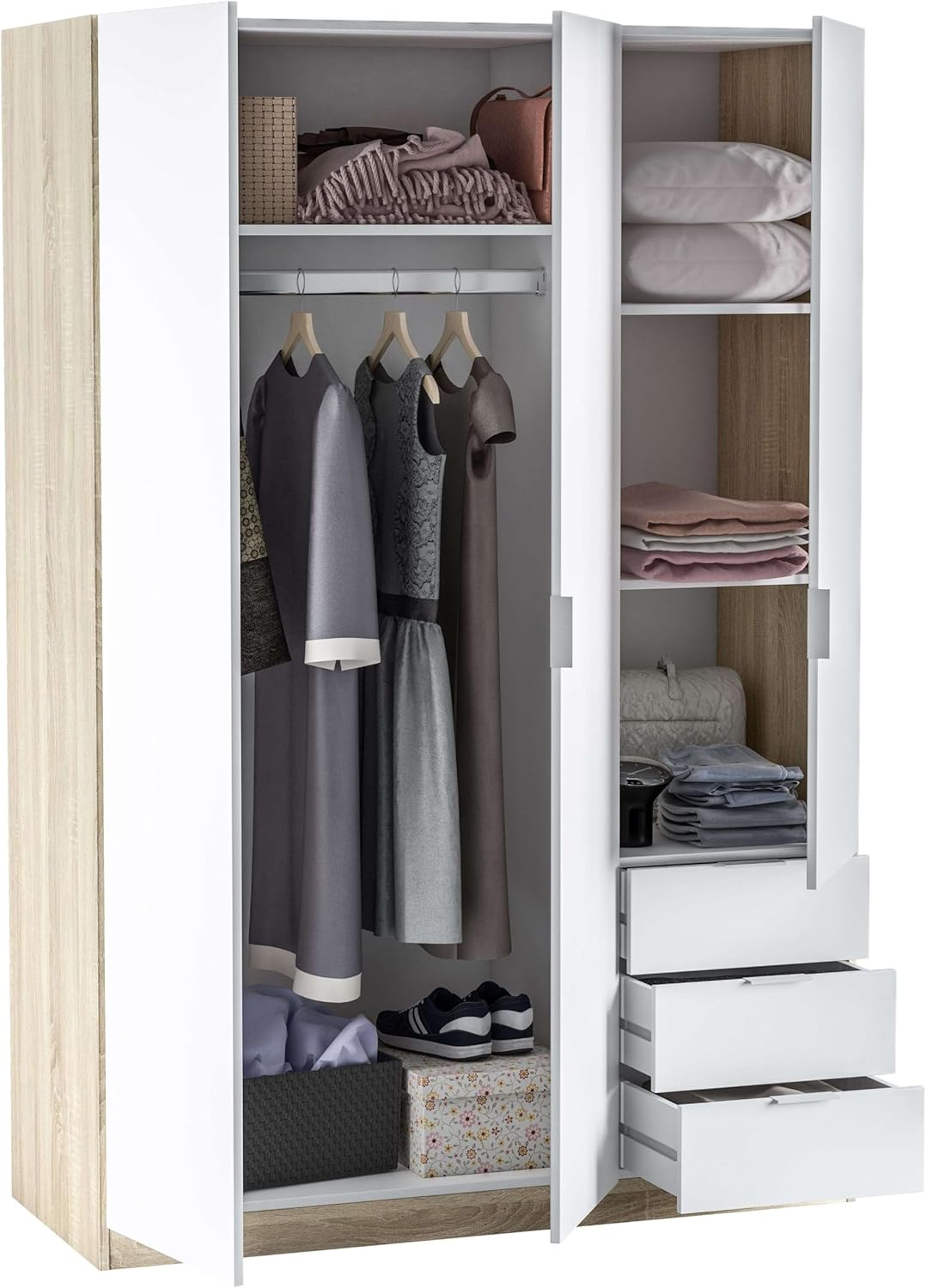 Habitdesign Armoire penderie 3 portes et 3 tiroirs, 121 x 180 x 52 cm (H x l x P) Couleur chêne canadien et Blanc « Artik »