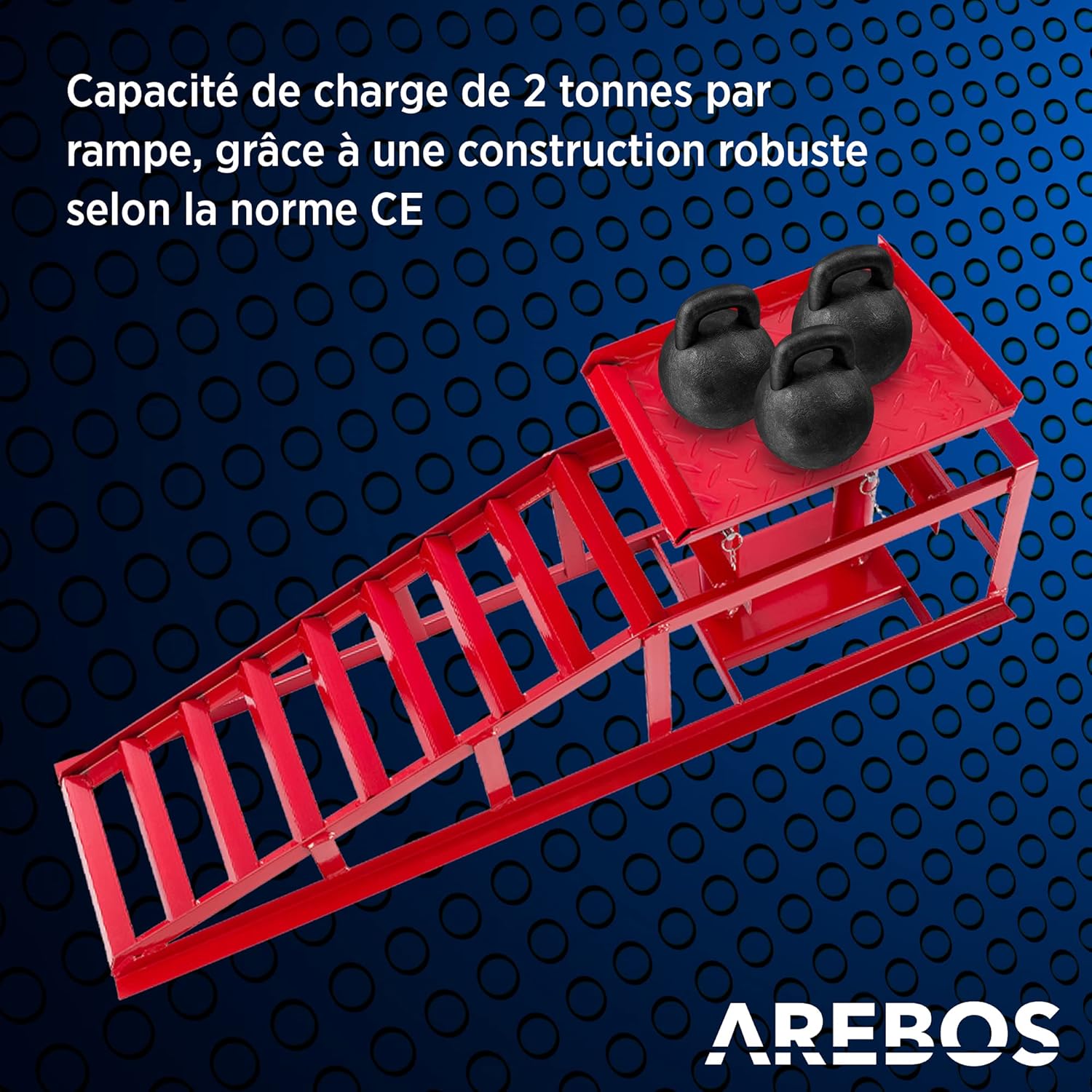 Arebos Lot de 2 Rampes d’Accès avec Cric Hydraulique 2T | Pont Élévateur Auto XXL | Largeur d’Accès 257 mm | Plateforme de Levage avec Soupape de Sécurité | Hauteur Réglable | Rouge