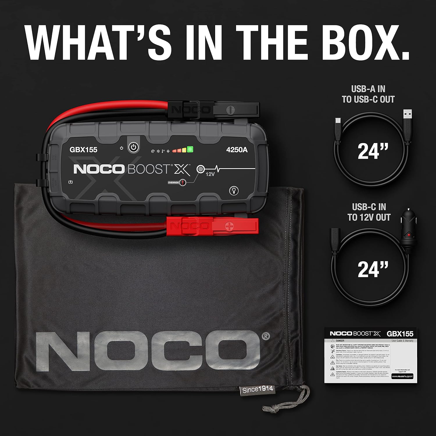 NOCO Boost X GBX155: Booster Batterie UltraSafe 4250A – Démarreur Lithium 12V Portable avec Powerbank et Chargeur USB – pour Moteurs Essence 10,0L et Diesel 8,0L