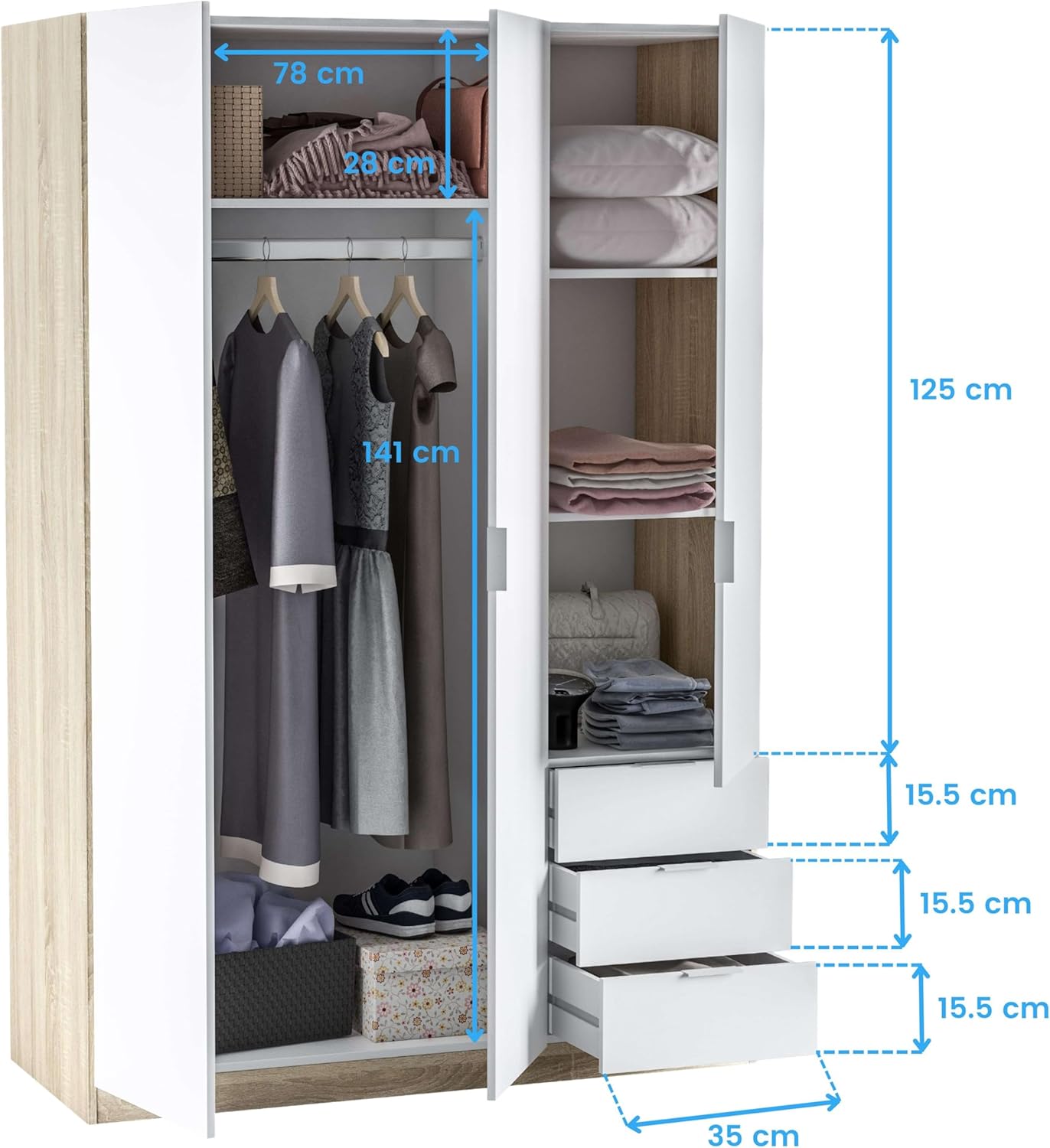 Habitdesign Armoire penderie 3 portes et 3 tiroirs, 121 x 180 x 52 cm (H x l x P) Couleur chêne canadien et Blanc « Artik »