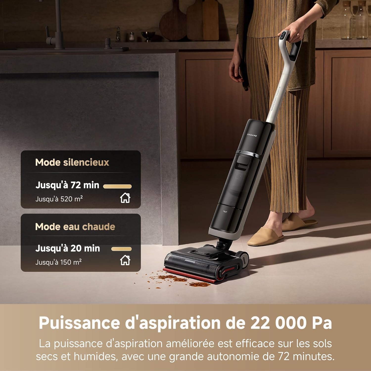 DREAME H15 Pro Heat Aspirateur Laveur, Nettoyage des sols à 85°C, bras robotisé IA GapFree, capteur RVB intelligent, 22 000Pa, 0 nœuds, lavage brosse à 100°C,séchage en 5 min à 90°C,contrôle par appli