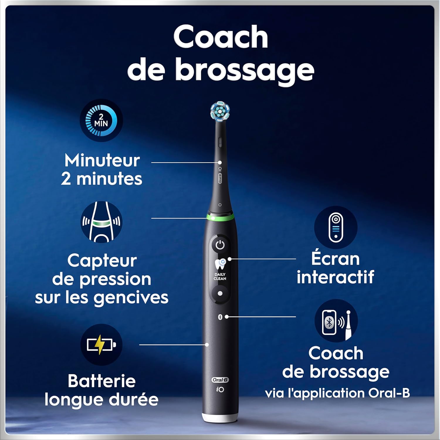 Oral-B Brosse A Dents Electrique iO 6 Noire, 5 Modes De Brossage Dont Blancheur Et Soin Des Gencives, Capteur De Pression, Ecran Interactif, 2 Brossettes De Rechange Oral B, Etui De Voyage