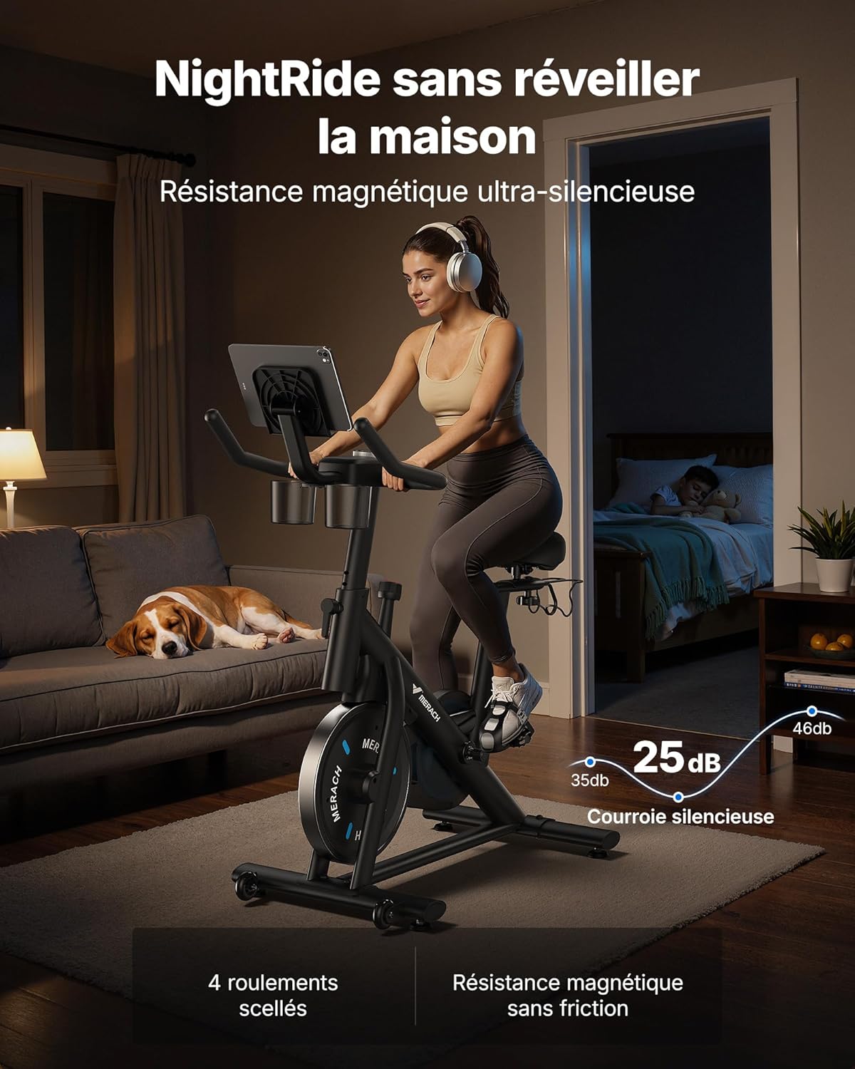MERACH Vélo d'Appartement pour la Maison - Vélo de Fitness d'Intérieur Silencieux avec Résistance Réglable, Écran LCD, Siège Confortable, pour Entraînement Cardio, App Exclusive, Capacité Max 136KG