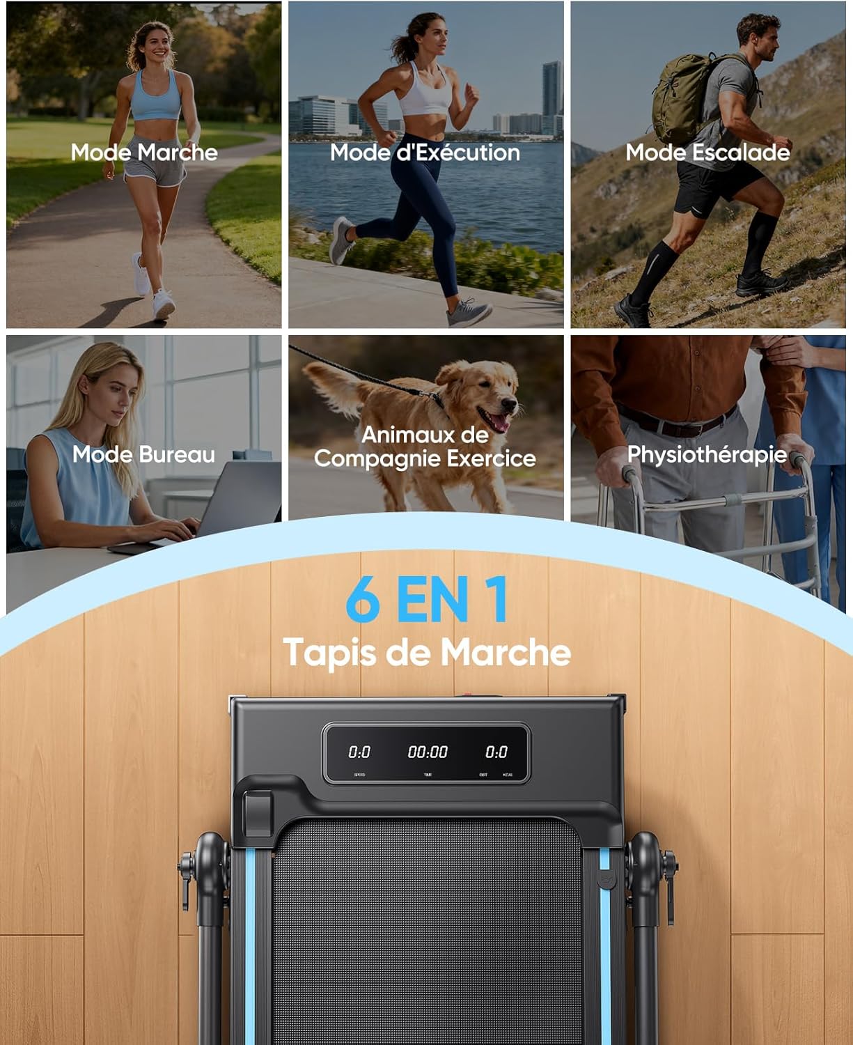 Tapis de Course Pliable Inclinable 12%, 6 en 1 Tapis de Marche avec Table Amovible, Max 12 km/h, 3.0HP, Poignée Télescopique de 15 cm et Courroie Lumineuse RGB, Charge Max 150 kg