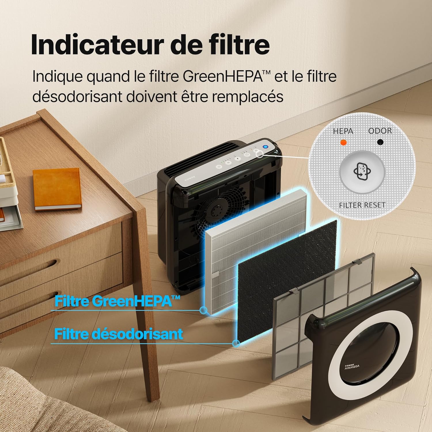 COWAY Purificateur d'air Maison, Choix EU Wirecutter, Mode Eco, Ioniseur, Élimine 99,99% Particules Nocives 0,01 µm Allergies, Fumée, Pollen, Animaux Dom, CADR 421m³/H, Ap-1512hh - MIGHTY (Noir)
