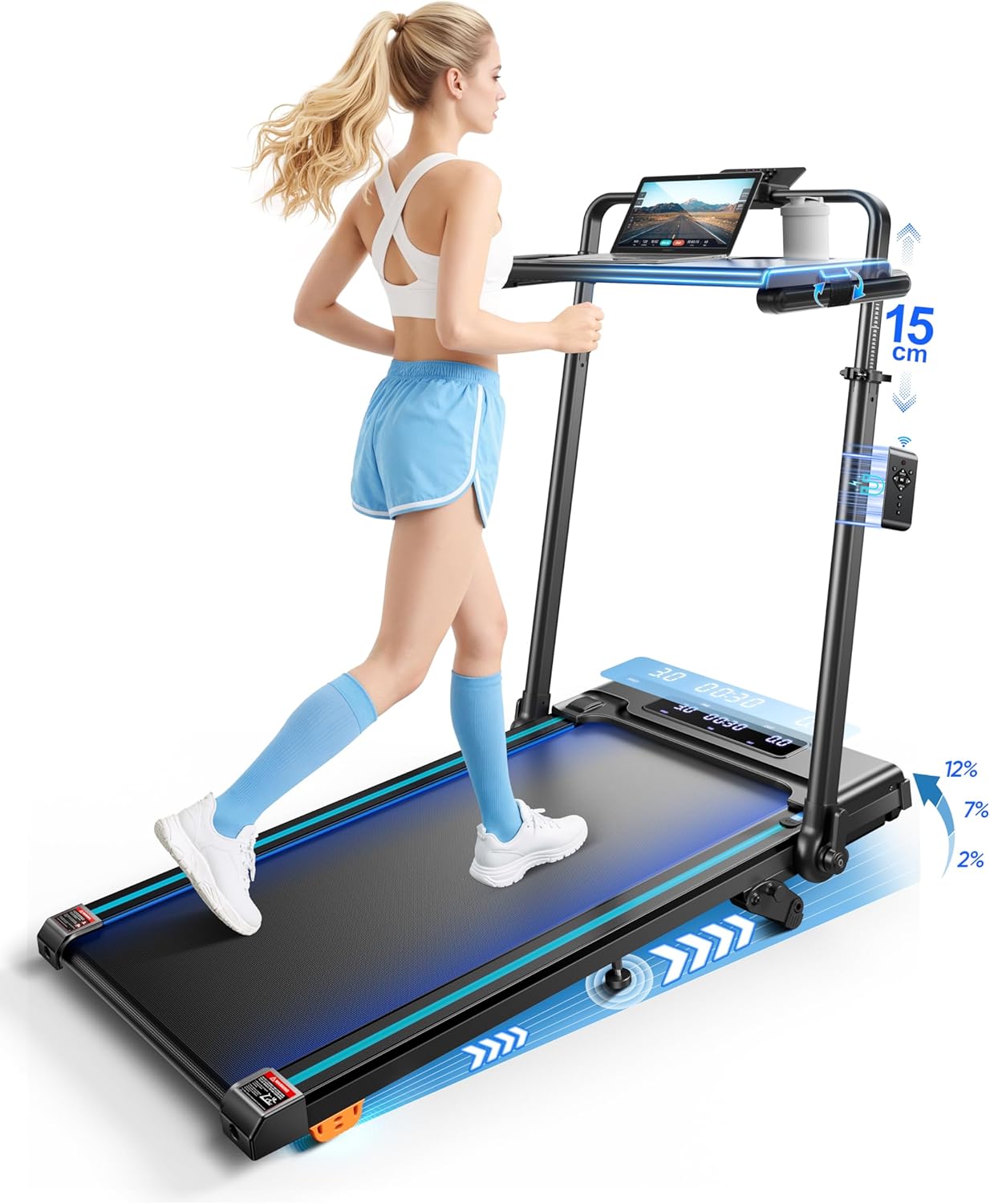 Tapis de Course Pliable Inclinable 12%, 6 en 1 Tapis de Marche avec Table Amovible, Max 12 km/h, 3.0HP, Poignée Télescopique de 15 cm et Courroie Lumineuse RGB, Charge Max 150 kg