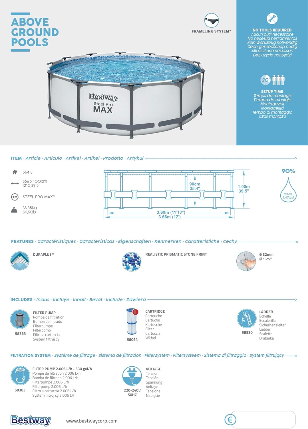 BESTWAY Piscine hors sol ronde Steel Pro Max 366 x 100 cm