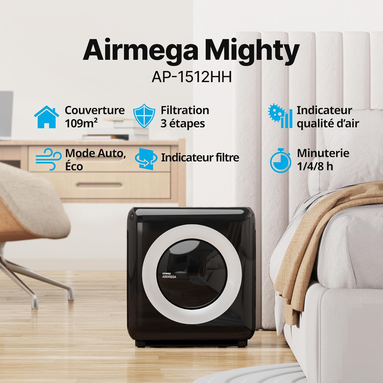 COWAY Purificateur d'air Maison, Choix EU Wirecutter, Mode Eco, Ioniseur, Élimine 99,99% Particules Nocives 0,01 µm Allergies, Fumée, Pollen, Animaux Dom, CADR 421m³/H, Ap-1512hh - MIGHTY (Noir)