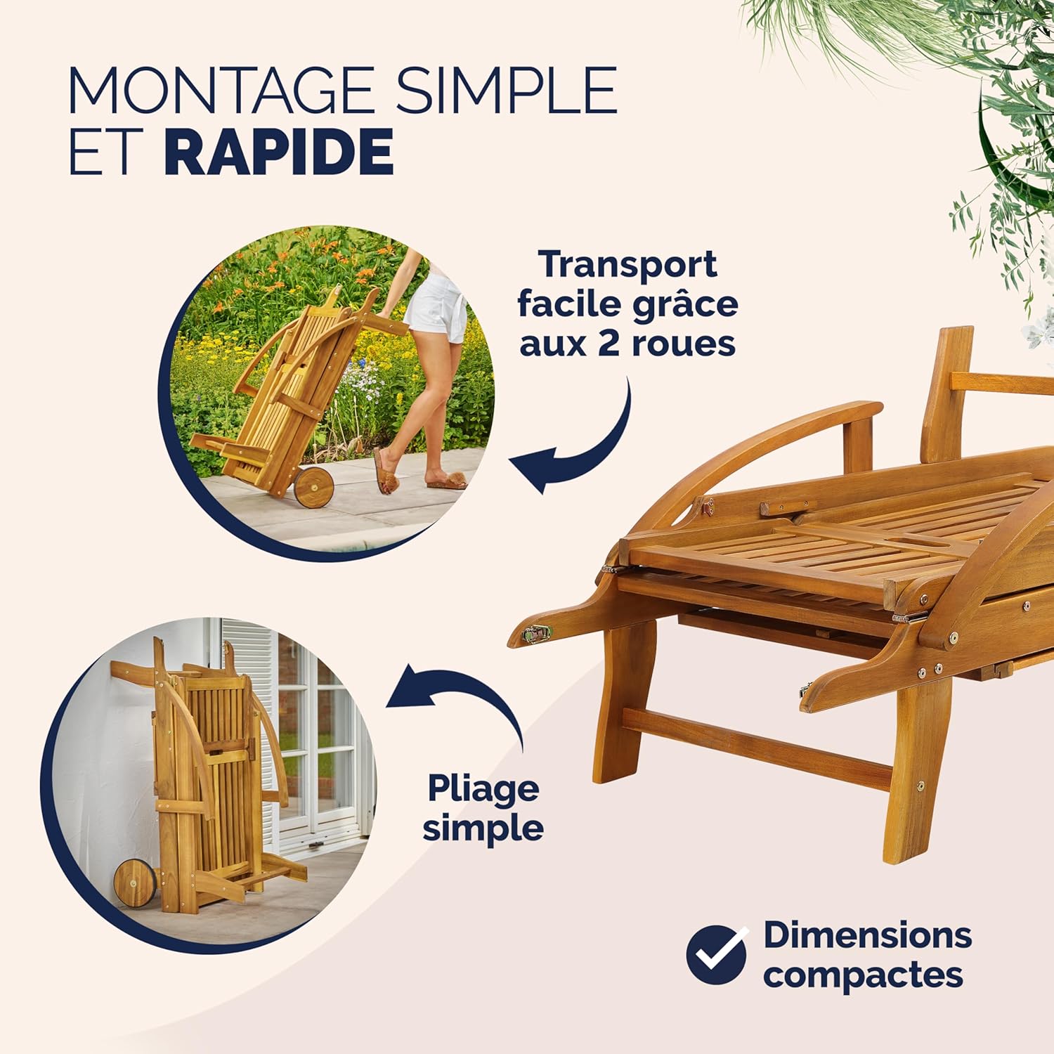 Casaria 2X Chaise Longue Jardin Exterieur Tami Sun en Bois D Acacia Chaise Pliante avec Roues Type Transat Bain De Soleil Chaise Bois pour Salon De Jardin Exterieur