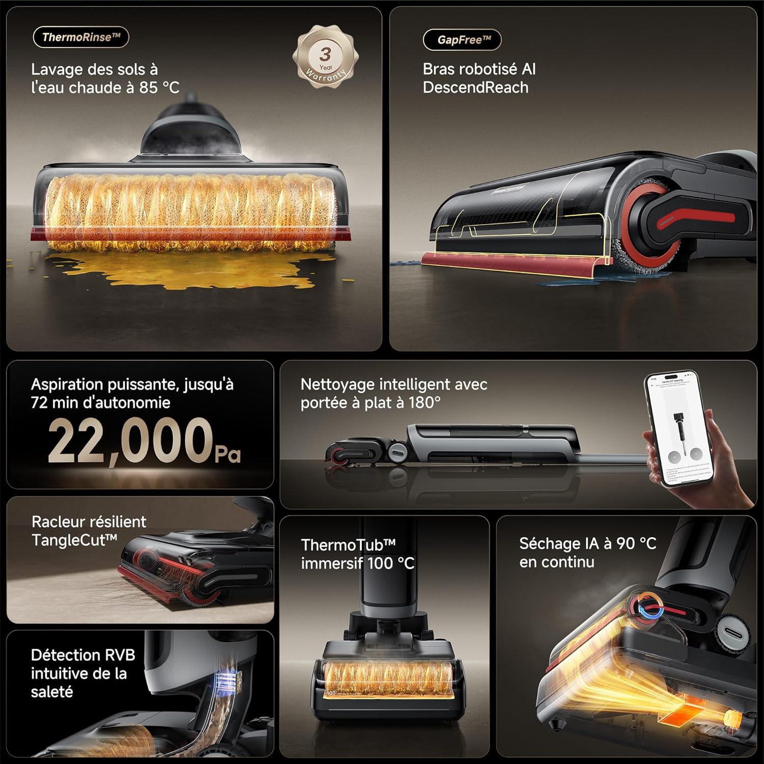 DREAME H15 Pro Heat Aspirateur Laveur, Nettoyage des sols à 85°C, bras robotisé IA GapFree, capteur RVB intelligent, 22 000Pa, 0 nœuds, lavage brosse à 100°C,séchage en 5 min à 90°C,contrôle par appli