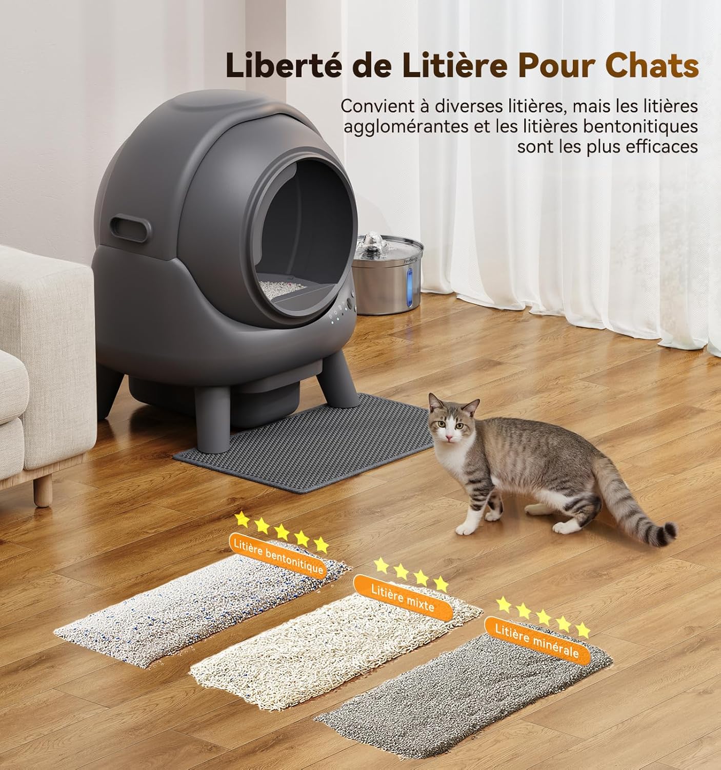 Litiere Chat Autonettoyante FEELNEEDY, Bac à Litière Automatique, Anti-Fuites/Anti-Pincement/Triple Anti-Odeur/Secure/Contrôle APP/Nettoyage Facile, Capacité Maximale de 65L
