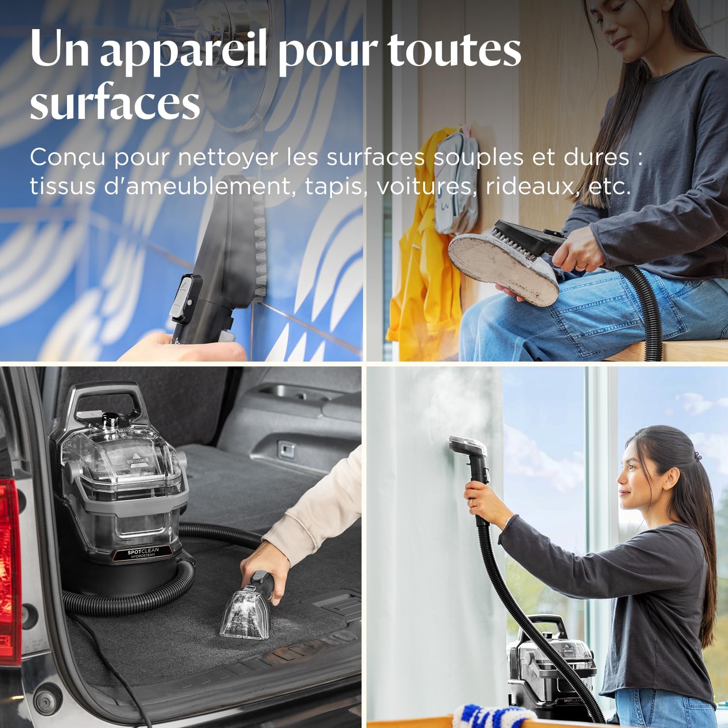BISSELL SpotClean HydroSteam, Shampouineuse Canapé, Moteur Puissant de 1000W, Nettoyeur Vapeur avec Technologie HydroSteam, Nettoyeur pour Tapis, Moquettes, Meubles, Tissus, Voiture & Plus, 3689N