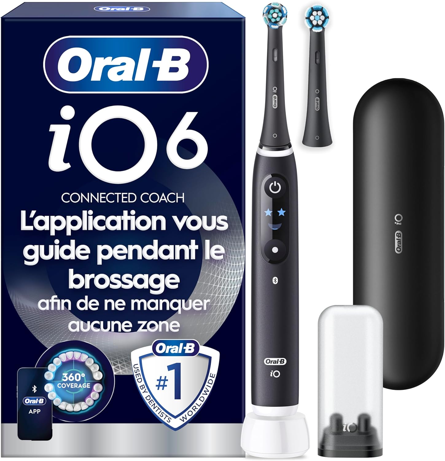 Oral-B Brosse A Dents Electrique iO 6 Noire, 5 Modes De Brossage Dont Blancheur Et Soin Des Gencives, Capteur De Pression, Ecran Interactif, 2 Brossettes De Rechange Oral B, Etui De Voyage
