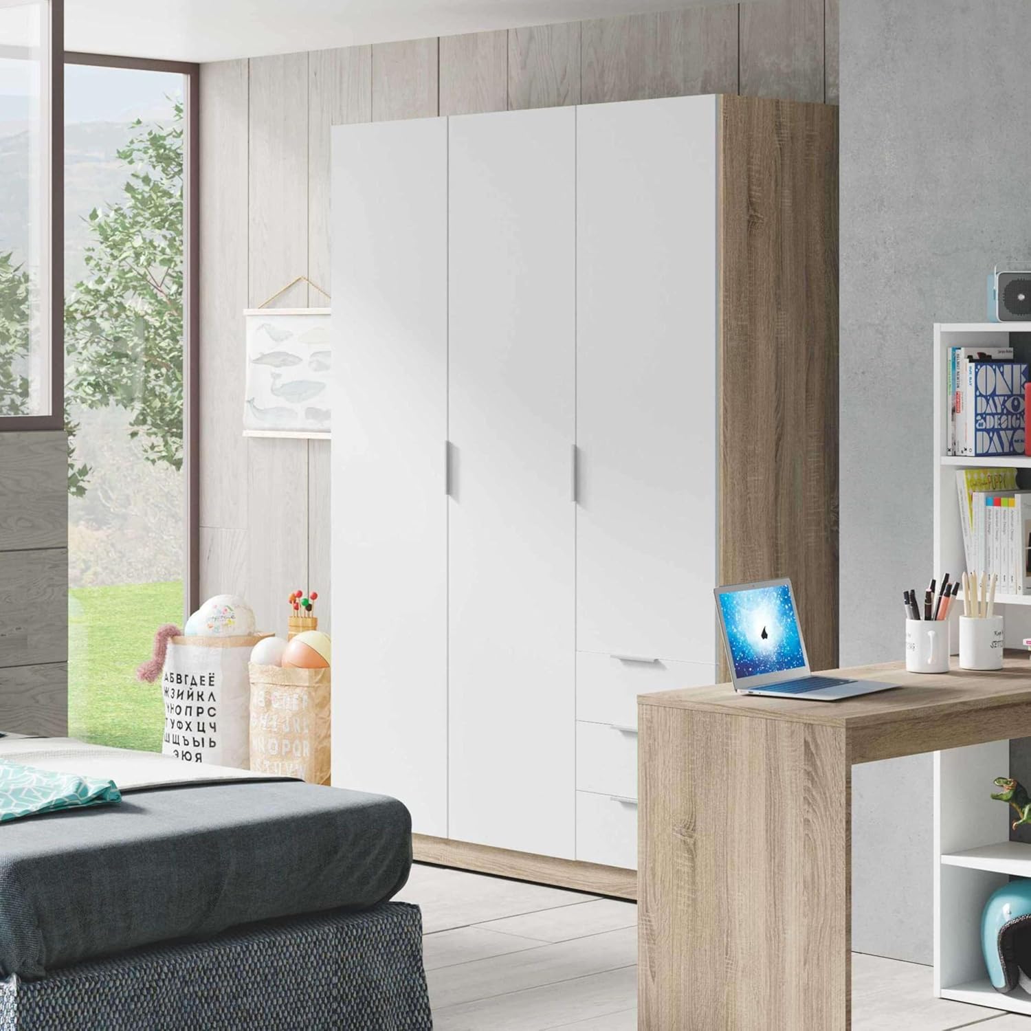 Habitdesign Armoire penderie 3 portes et 3 tiroirs, 121 x 180 x 52 cm (H x l x P) Couleur chêne canadien et Blanc « Artik »