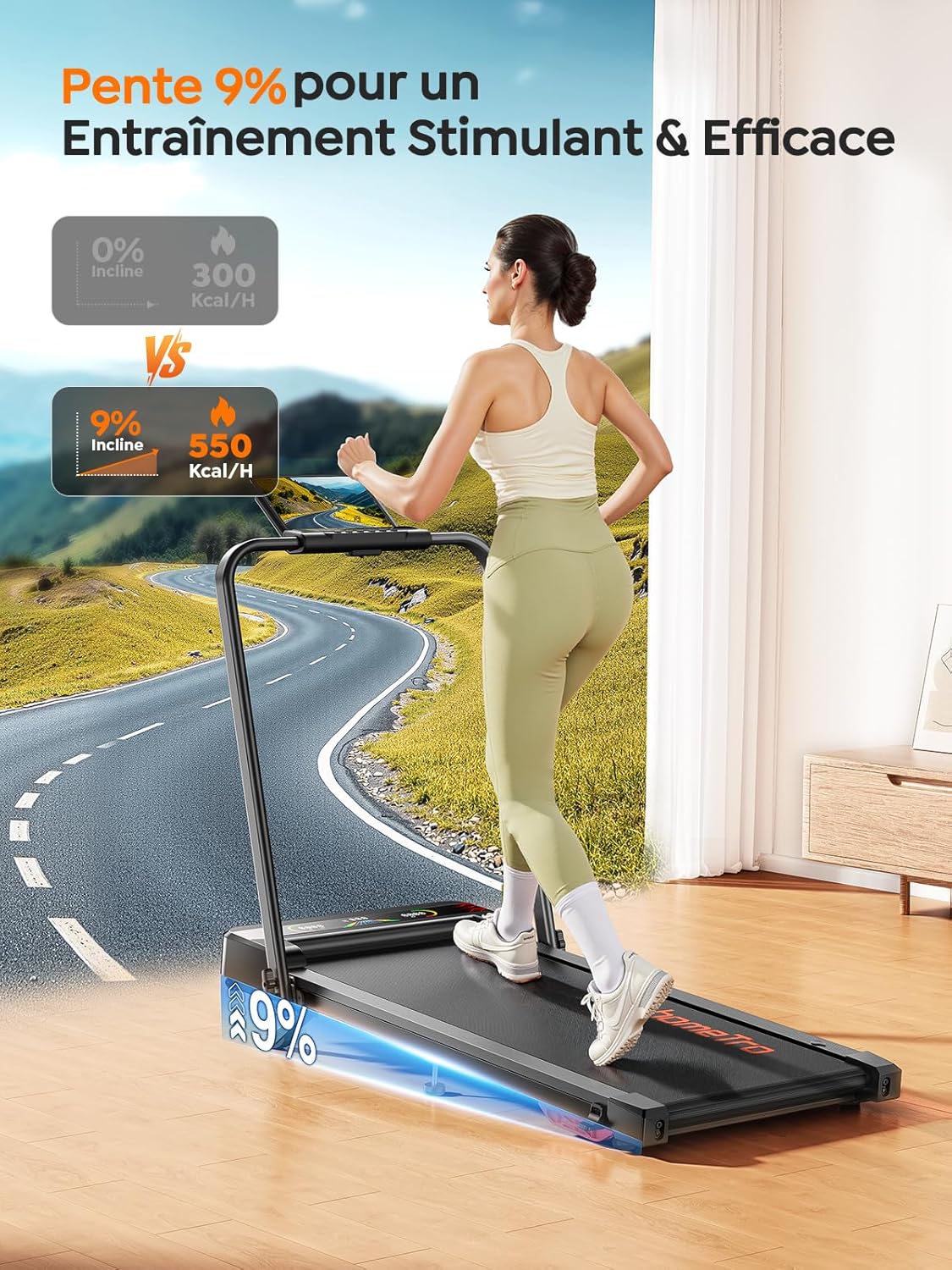 homeTro Tapis de Course Pliable 5-en-1 avec LED Motivantes - Tapis de Marche Inclinable 9%, Moteur Silencieux, Double Écran LED, 1-12 km/h, Compact Walking Pad Maison/Bureau (120kg Max)