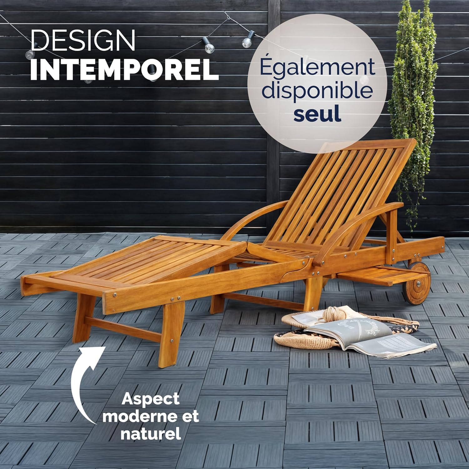 Casaria 2X Chaise Longue Jardin Exterieur Tami Sun en Bois D Acacia Chaise Pliante avec Roues Type Transat Bain De Soleil Chaise Bois pour Salon De Jardin Exterieur
