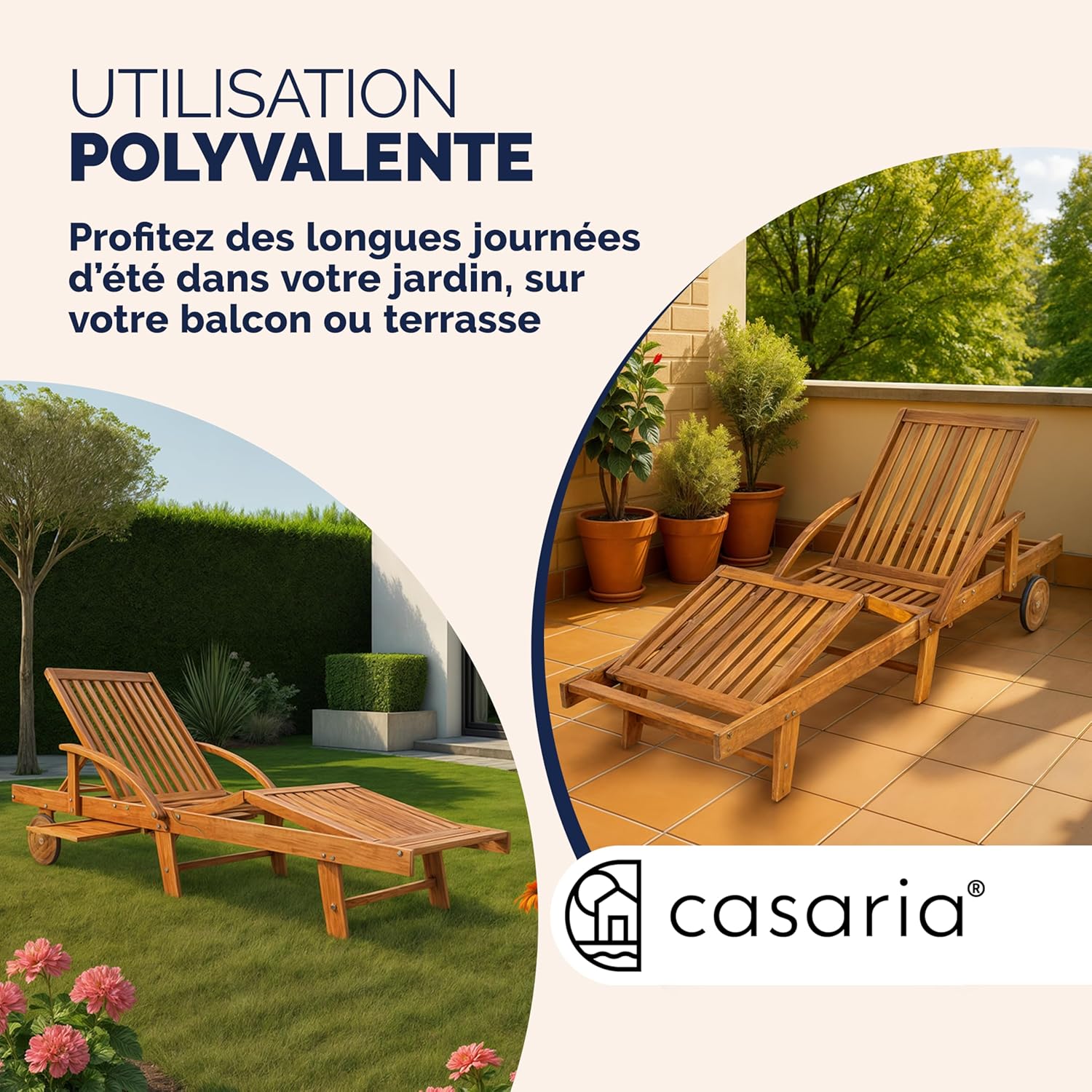 Casaria 2X Chaise Longue Jardin Exterieur Tami Sun en Bois D Acacia Chaise Pliante avec Roues Type Transat Bain De Soleil Chaise Bois pour Salon De Jardin Exterieur