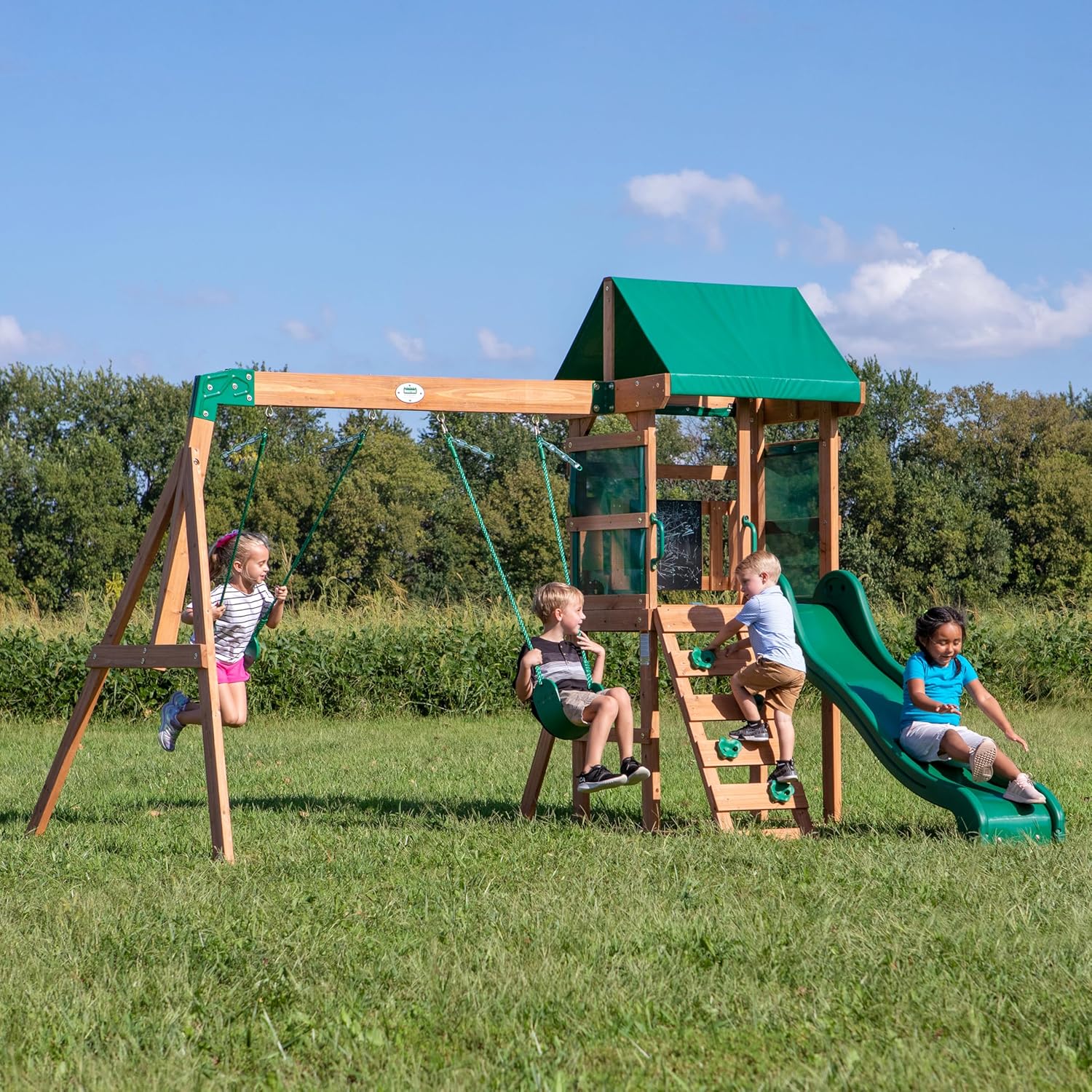 Backyard Discovery Buckley Hill, Aire de Jeux en Bois | Portique Balançoire avec Mur d'escalade, Toboggan et Balançoire, Bac à Sable | Cabane Exterieur Enfant, Jeux Exterieur, +3 Ans
