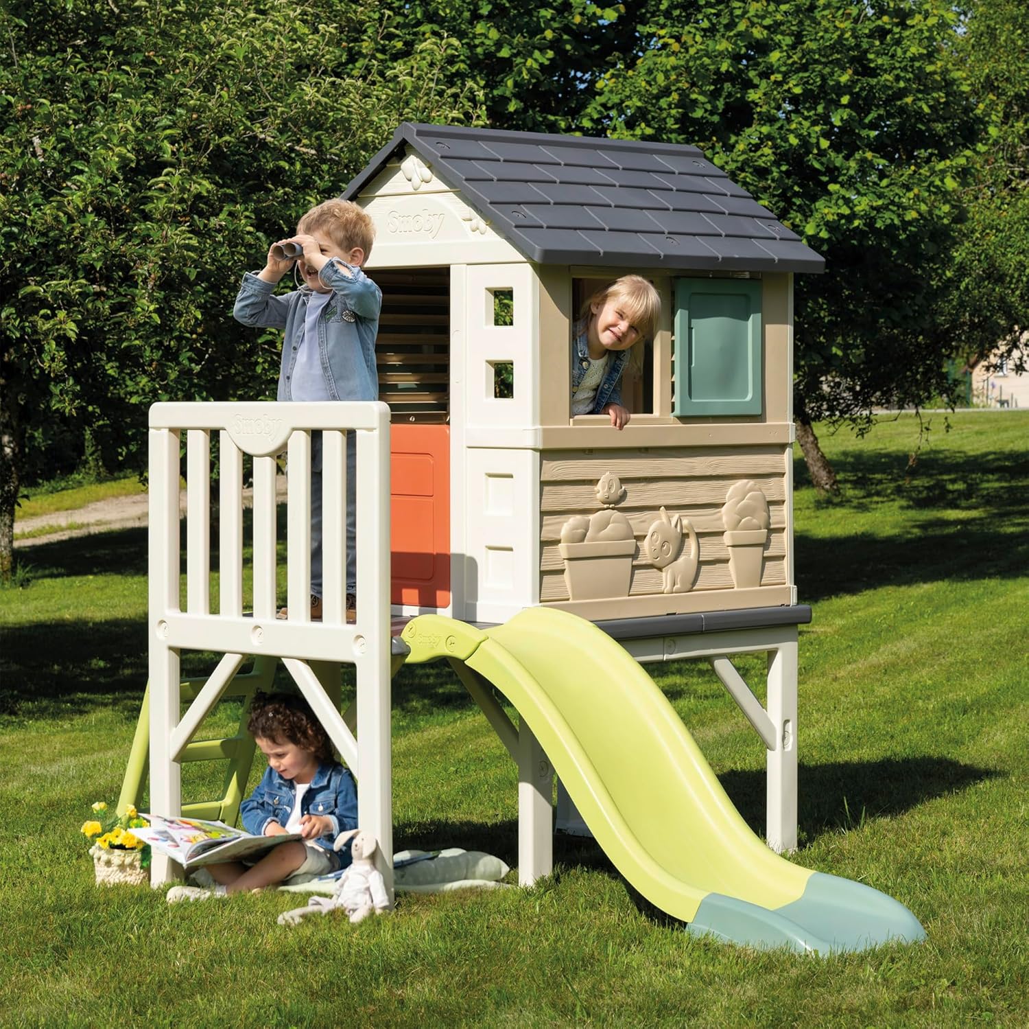 Smoby Life - Maison Pilotis - Plateforme de 70 cm - Echelle, Toboggan - Matière Recyclée - A Partir de 2 Ans - Fabrication Française