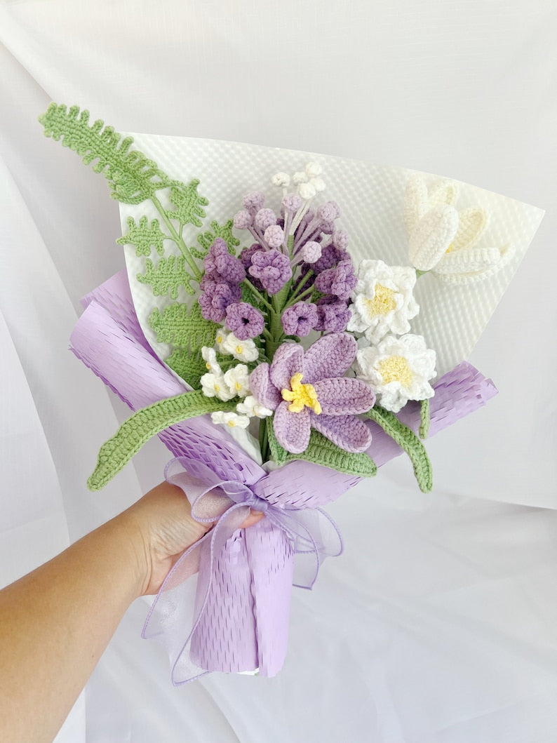 Bouquet de fleurs au crochet, jacinthes cadeau fête des mères diplôme