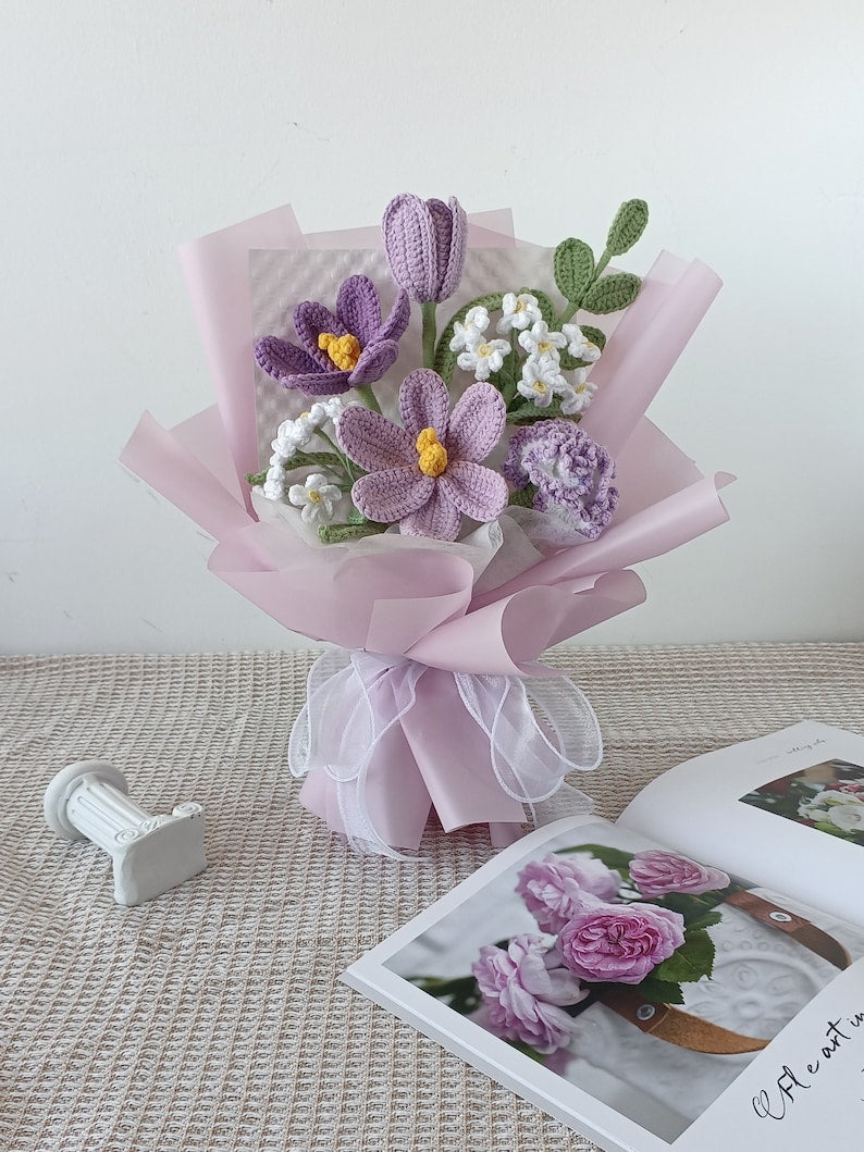 Bouquet de fleurs au crochet : cadeau tulipe, rose, marguerite fait main