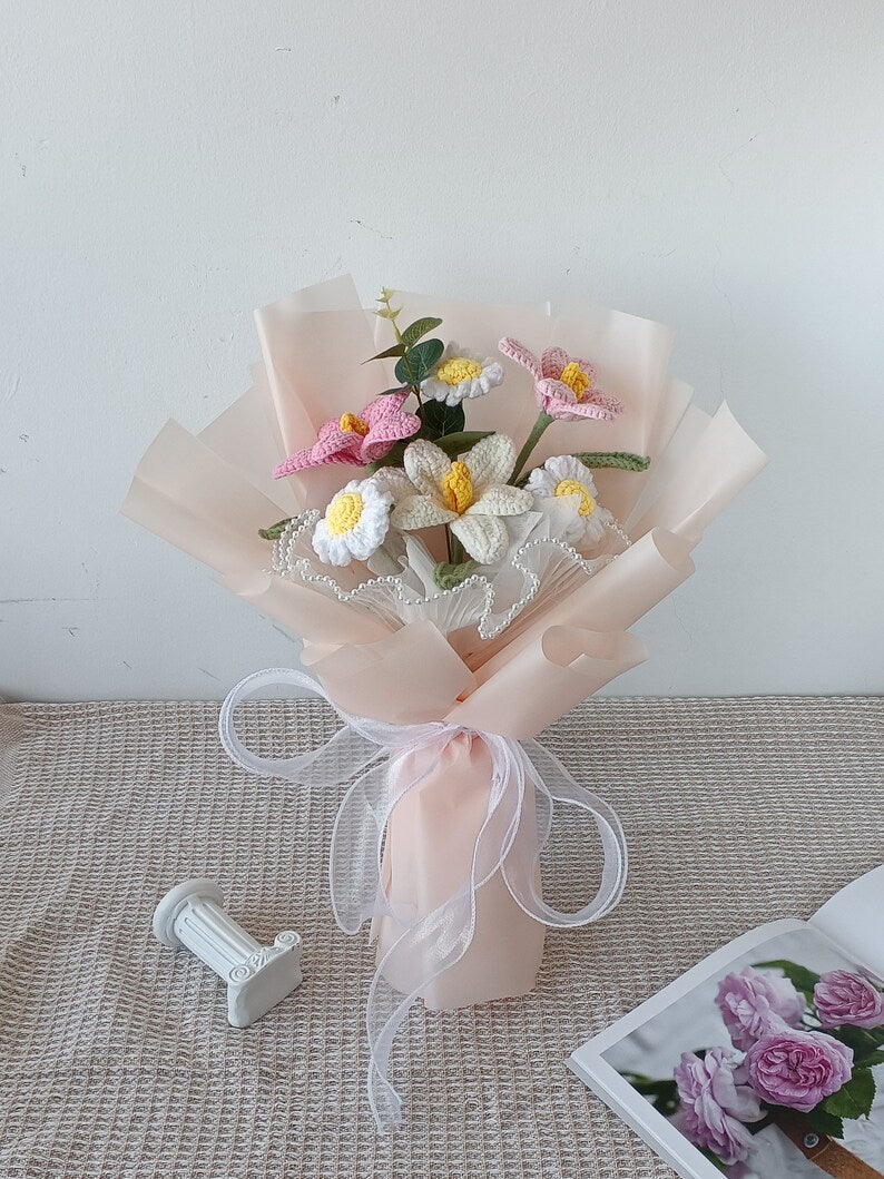 Bouquet de fleurs au crochet : cadeau tulipe, rose, marguerite fait main