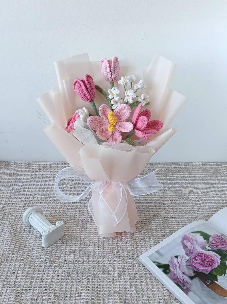 Bouquet de fleurs au crochet : cadeau tulipe, rose, marguerite fait main
