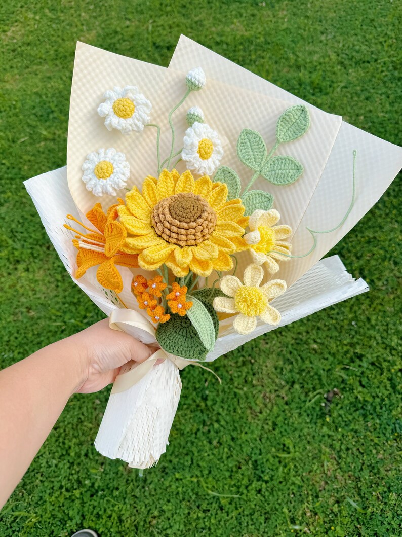 Bouquet de fleurs au crochet, tulipe tournesol marguerite Gerbera