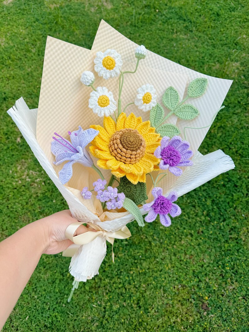 Bouquet de fleurs au crochet, tulipe tournesol marguerite Gerbera