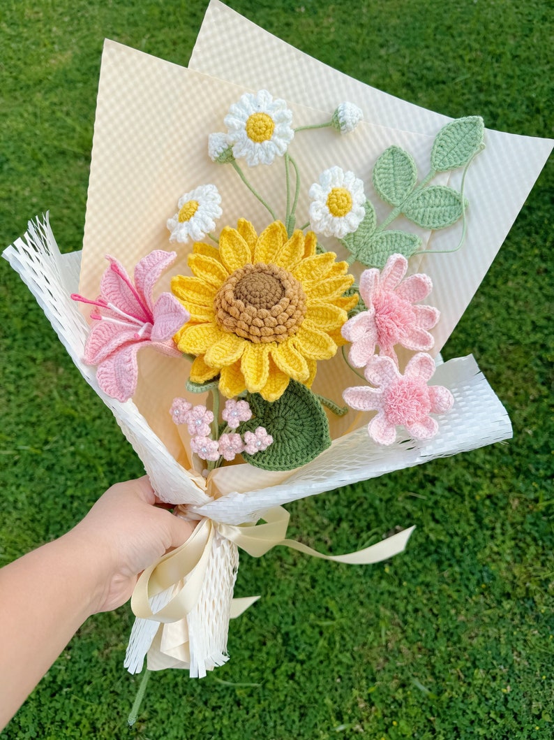 Bouquet de fleurs au crochet, tulipe tournesol marguerite Gerbera