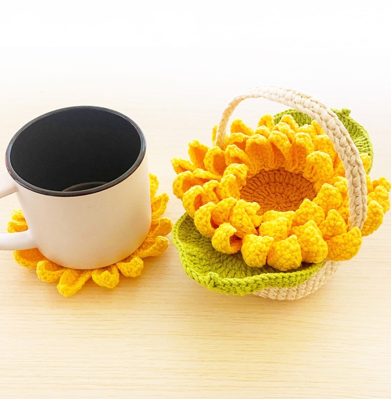 Sous-verres de tournesol au crochet faits main : sous-verres décoratifs en laine, lot de 5