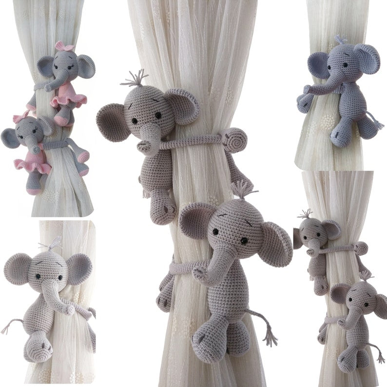 Embrasse de rideau crochet éléphant gris amigurumi décoration