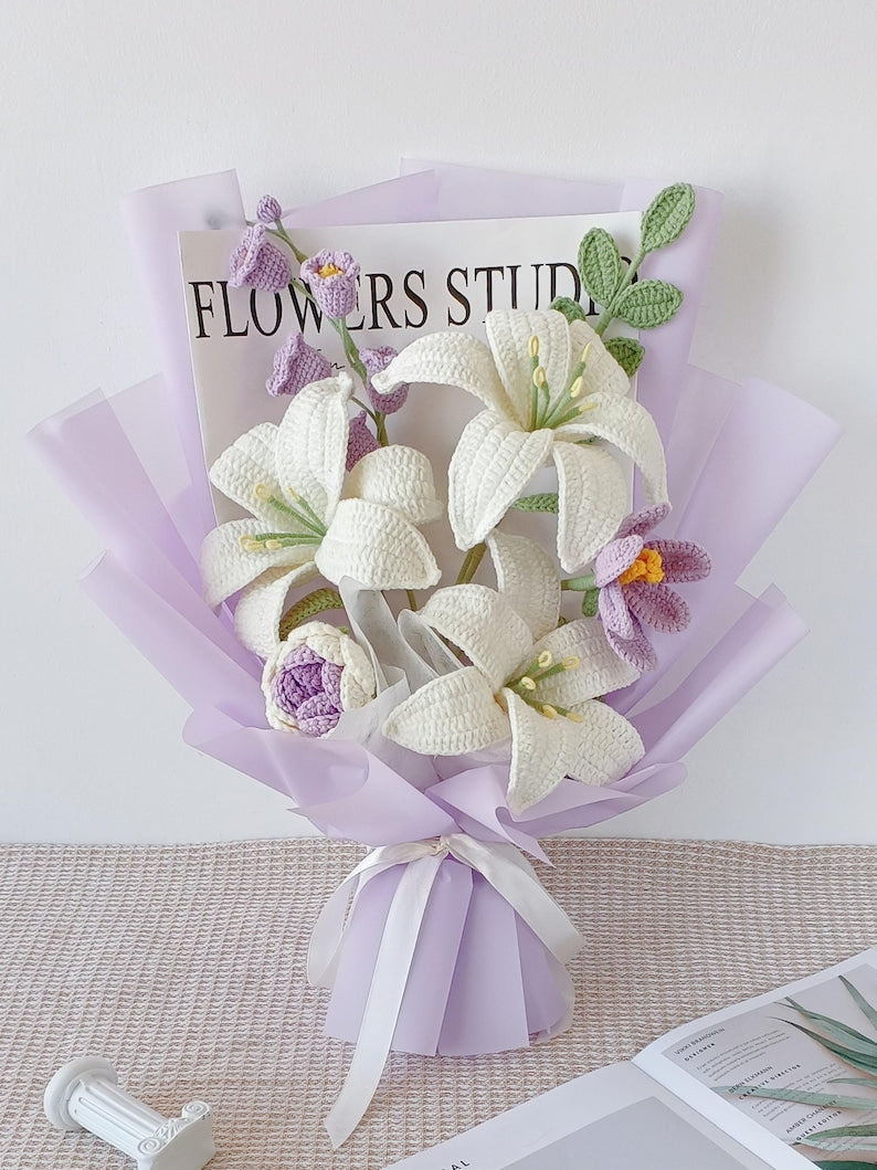 Bouquet de fleurs au crochet : tournesol, rose et lys faits main - Cadeau éternel