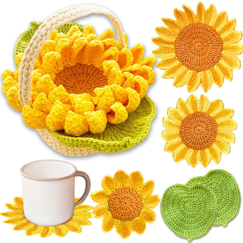 Sous-verres de tournesol au crochet faits main : sous-verres décoratifs en laine, lot de 5