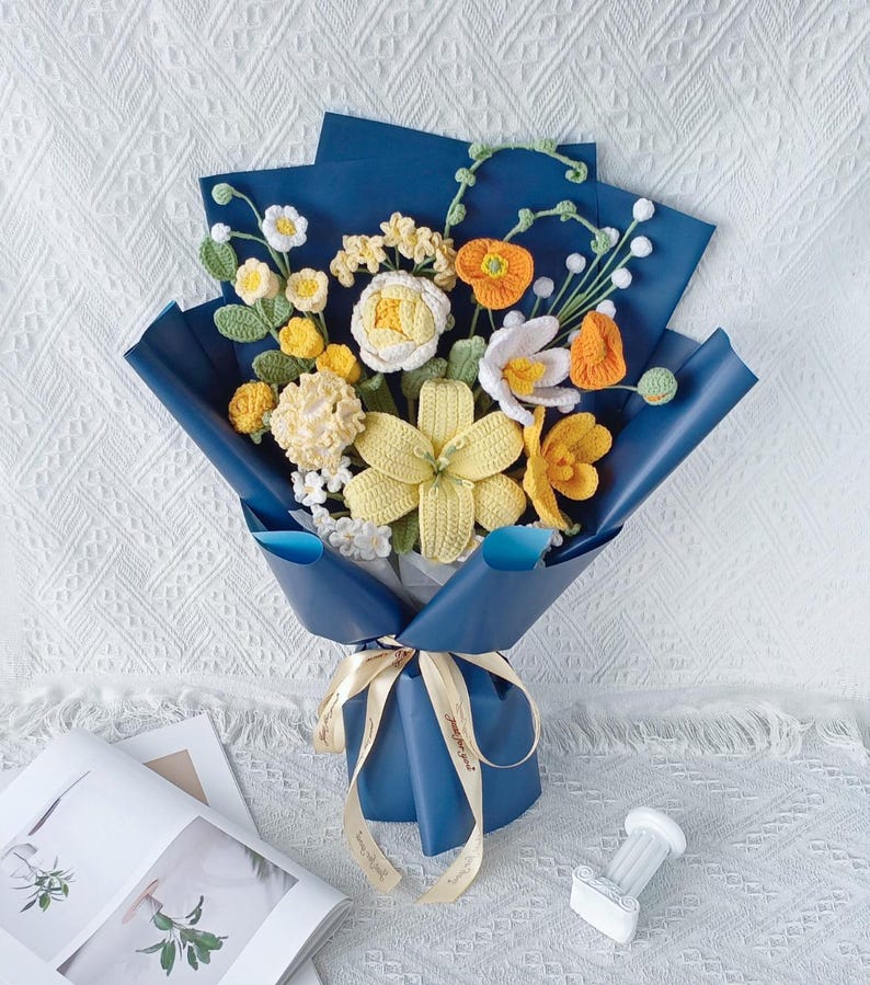 Bouquet de fleurs au crochet : tournesol, rose et lys faits main - Cadeau éternel