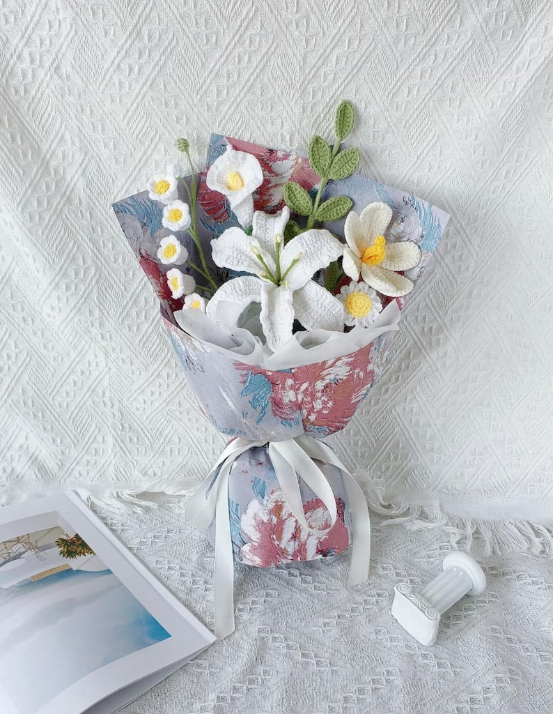 Bouquet de fleurs au crochet : tournesol, rose et lys faits main - Cadeau éternel