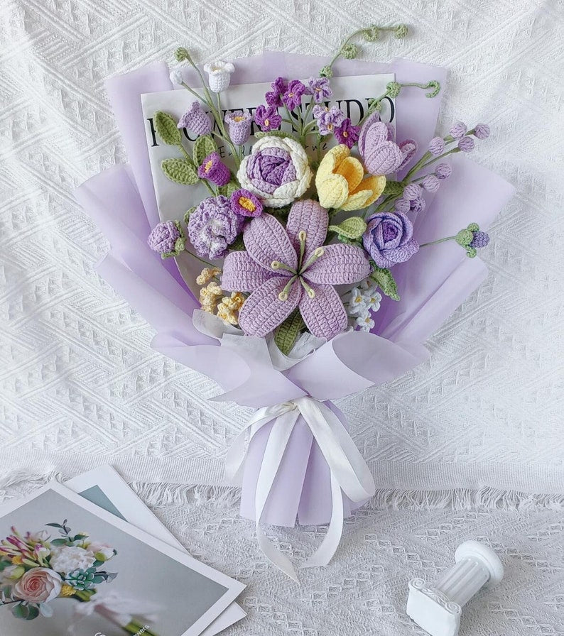 Bouquet de fleurs au crochet : tournesol, rose et lys faits main - Cadeau éternel