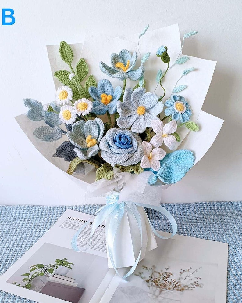 Bouquet de fleurs au crochet, rose bleue cadeau Saint-Valentin diplôme