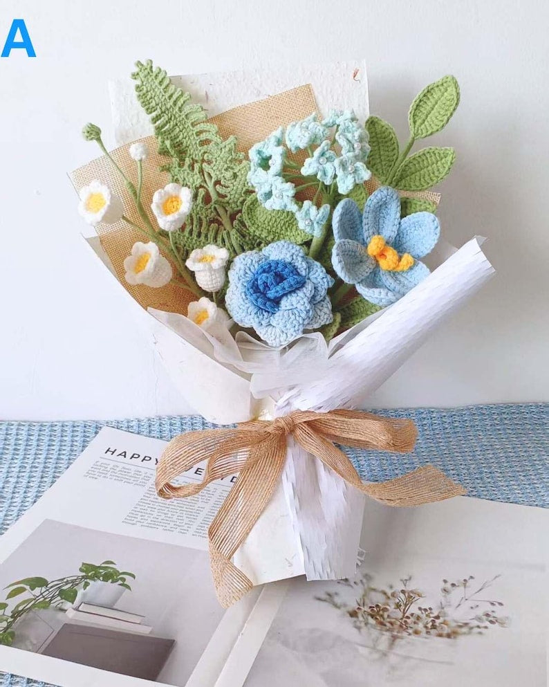 Bouquet de fleurs au crochet, rose bleue cadeau Saint-Valentin diplôme