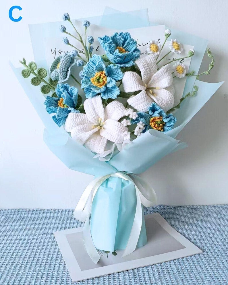 Bouquet de fleurs au crochet, rose bleue cadeau Saint-Valentin diplôme