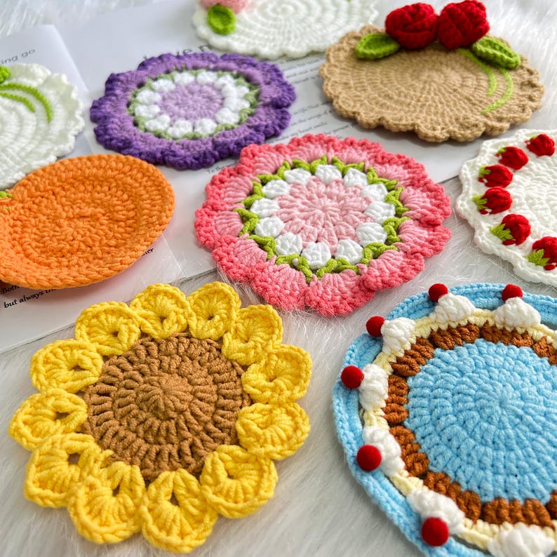 Sous-verres fleurs roses et tournesol au crochet, déco cuisine