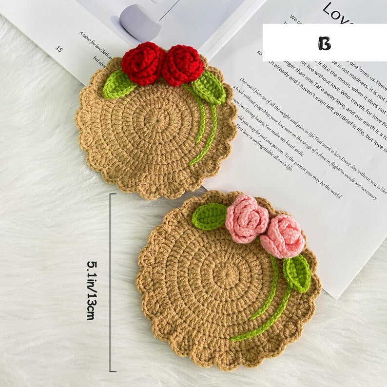 Sous-verres fleurs roses et tournesol au crochet, déco cuisine
