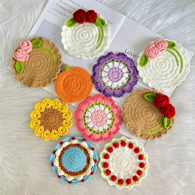 Sous-verres fleurs roses et tournesol au crochet, déco cuisine