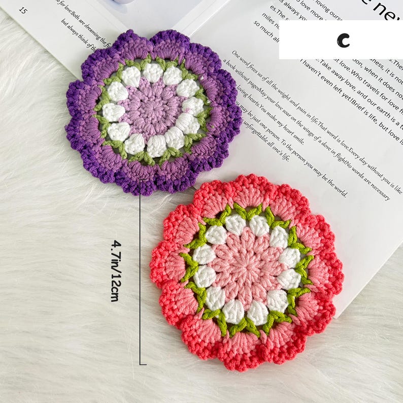 Sous-verres fleurs roses et tournesol au crochet, déco cuisine