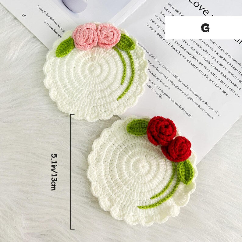 Sous-verres fleurs roses et tournesol au crochet, déco cuisine