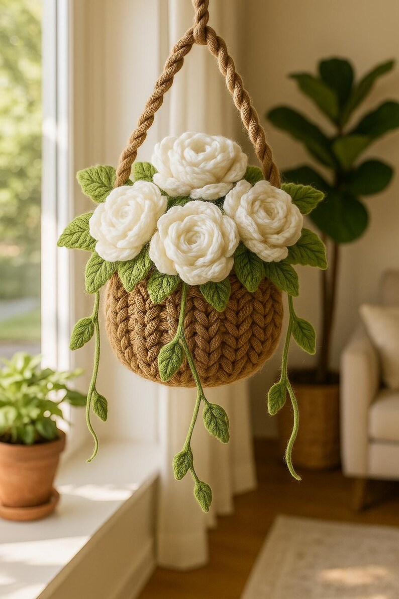 Breloque voiture rose au crochet : suspension pour rétroviseur en forme de panier floral fait main