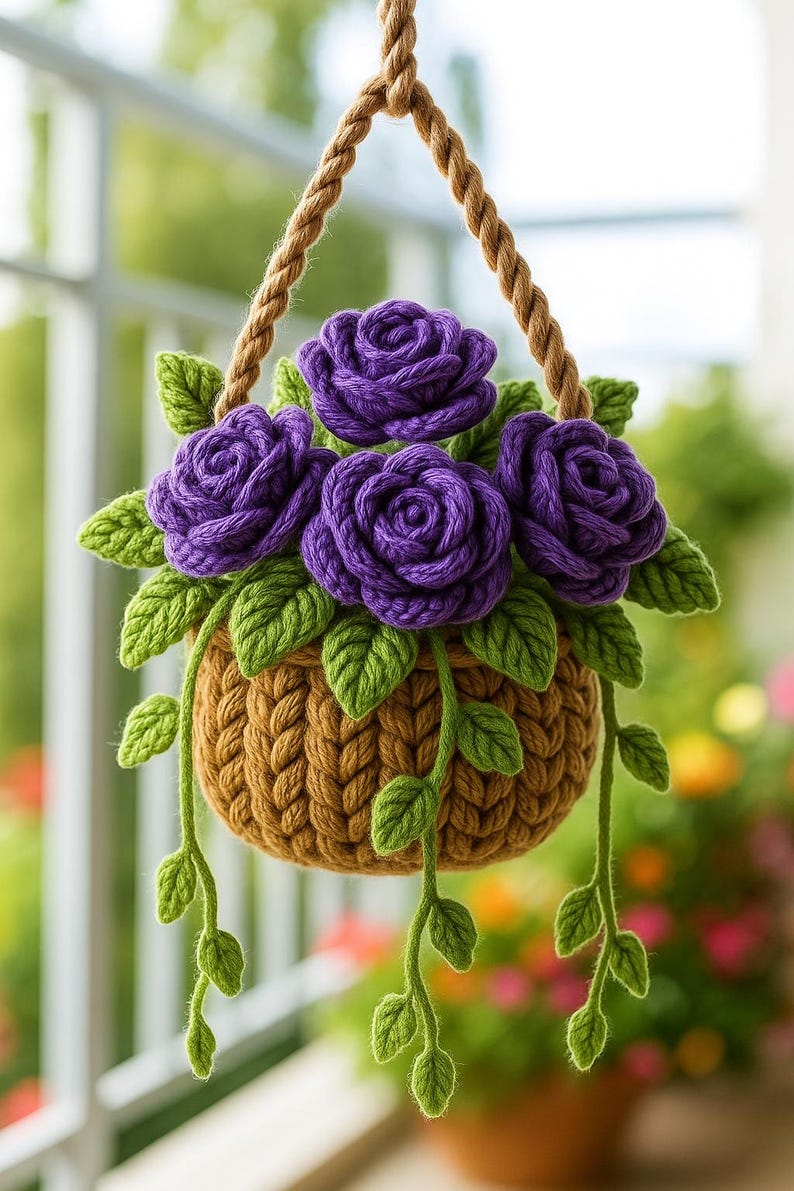 Breloque voiture rose au crochet : suspension pour rétroviseur en forme de panier floral fait main