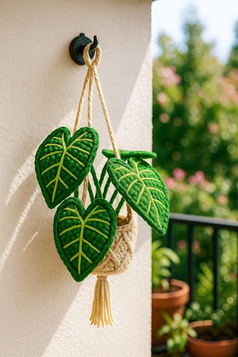 Suspension voiture crochet plante décorative fil rose et vert