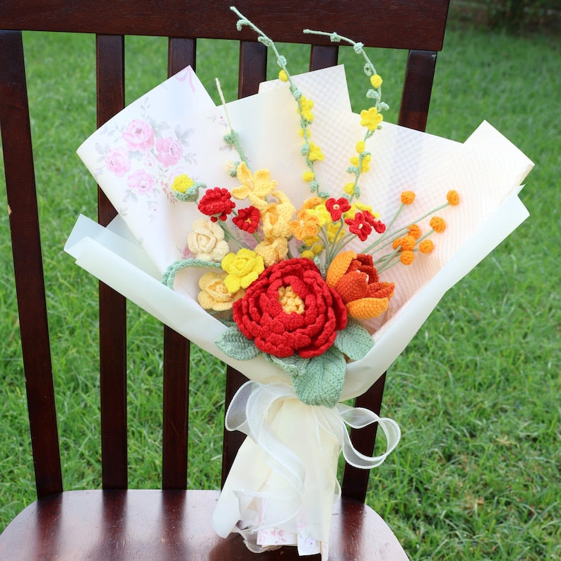 Bouquet de fleurs au crochet, pivoines tulipe rose cadeau fête des mères